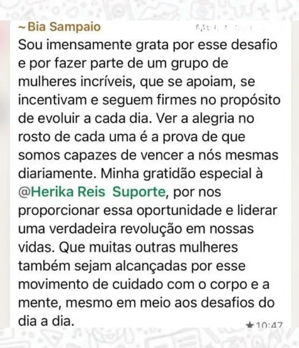 Mensagem de aluna no grupo da turma