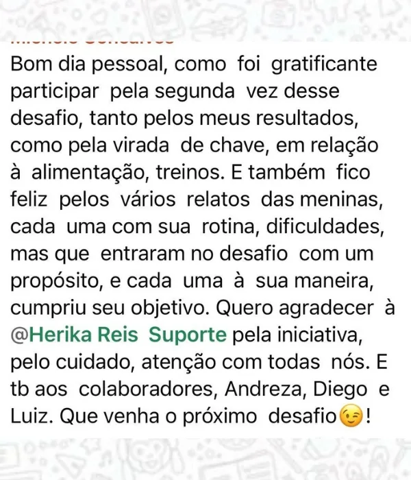Mensagem de aluna no grupo da turma
