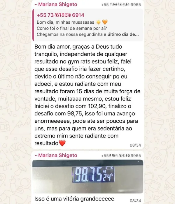 Mensagem de aluna no grupo da turma