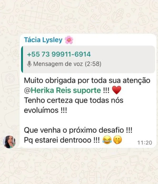 Mensagem de aluna no grupo da turma