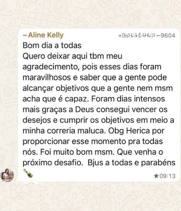 Mensagem de aluna no grupo da turma